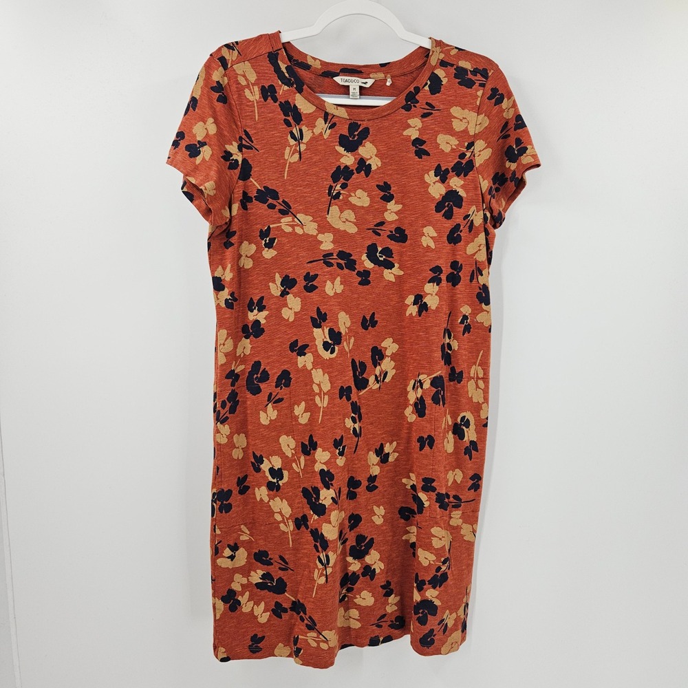Toad&Co Floral T-Shirt Dress Rust Orange Short Sleeve Casual Shift Midi Size M